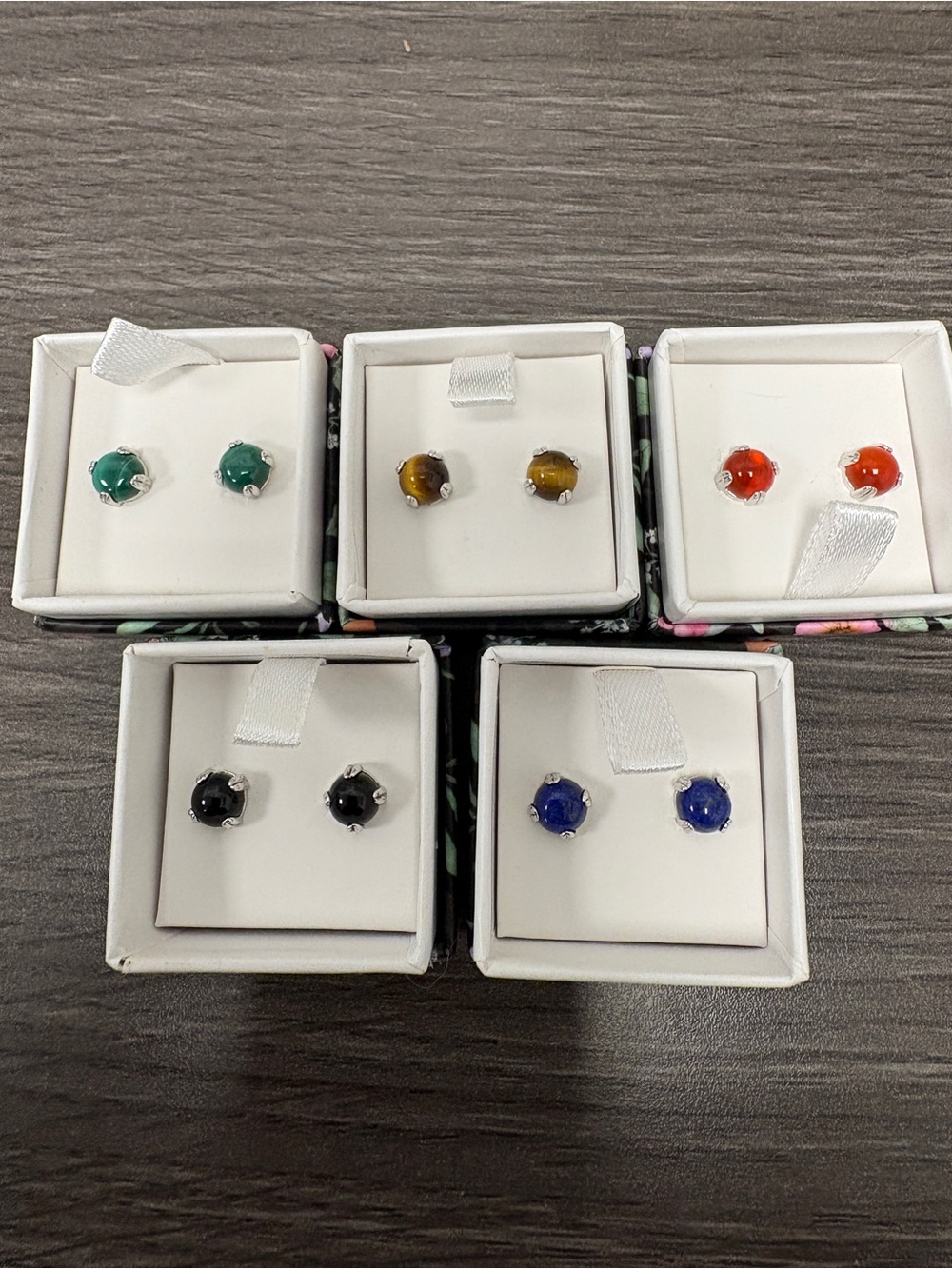 Multicolor Gemstone Stud Sterling Silver Earrings - Set of 5 Pairs